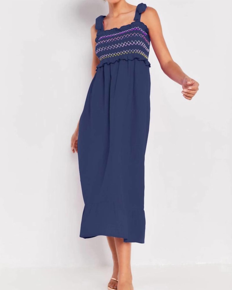 Front of a model wearing a size L Smock Shock Dress in Navy in Navy by LISA TODD. | dia_product_style_image_id:342869